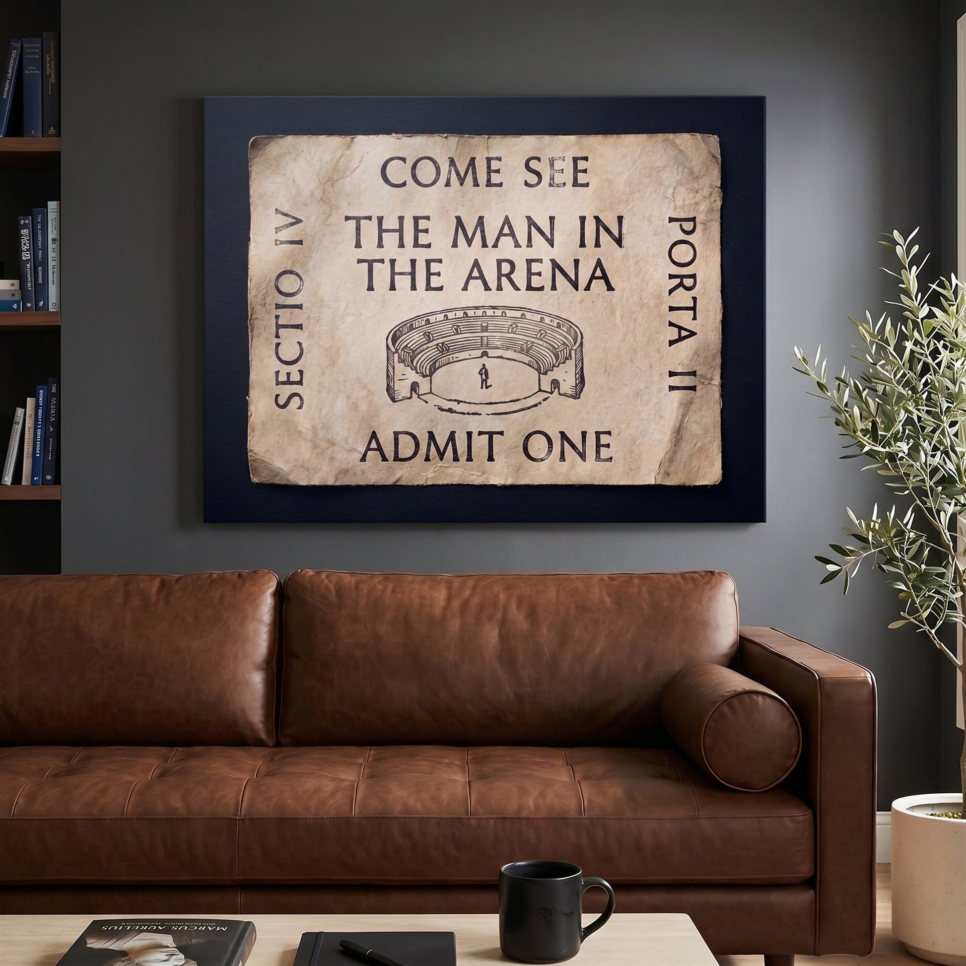 Come See The Man In The Arena ticket canvas in a Stoic living room with a brown leather sofa