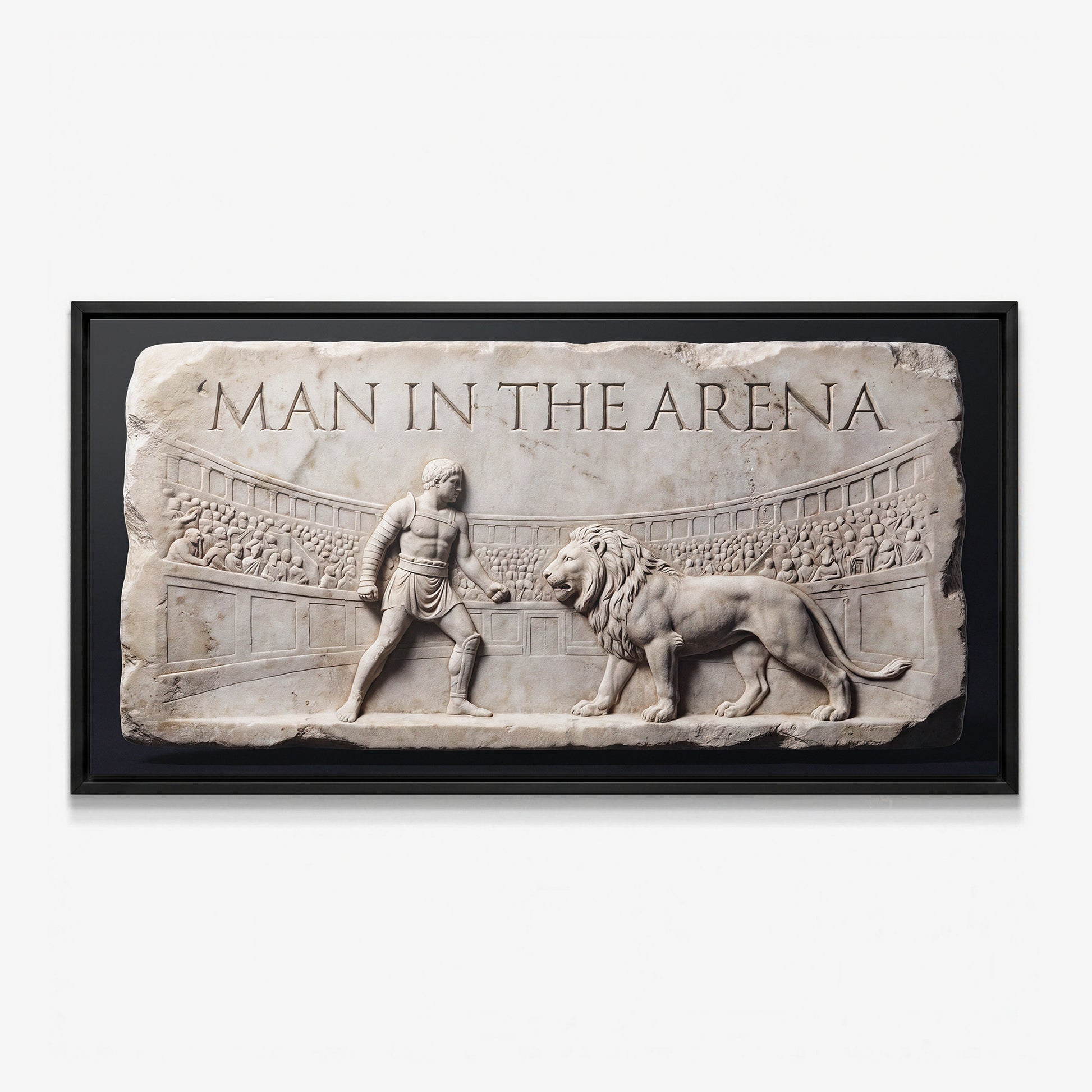 Man In The Arena marble relief canvas in a black floating frame