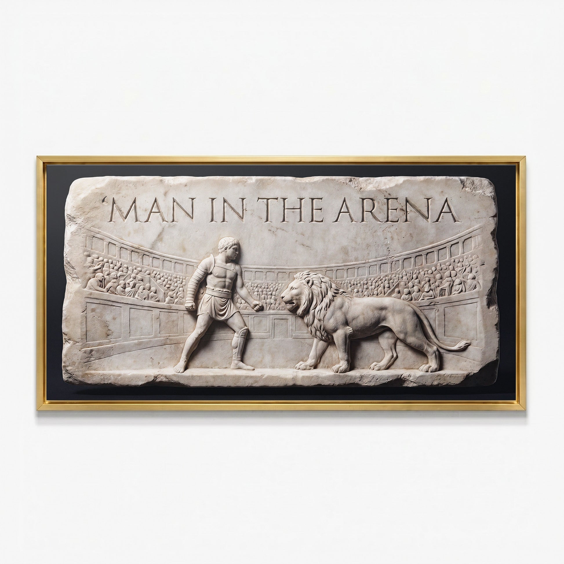 Man In The Arena marble relief canvas in a gold floating frame