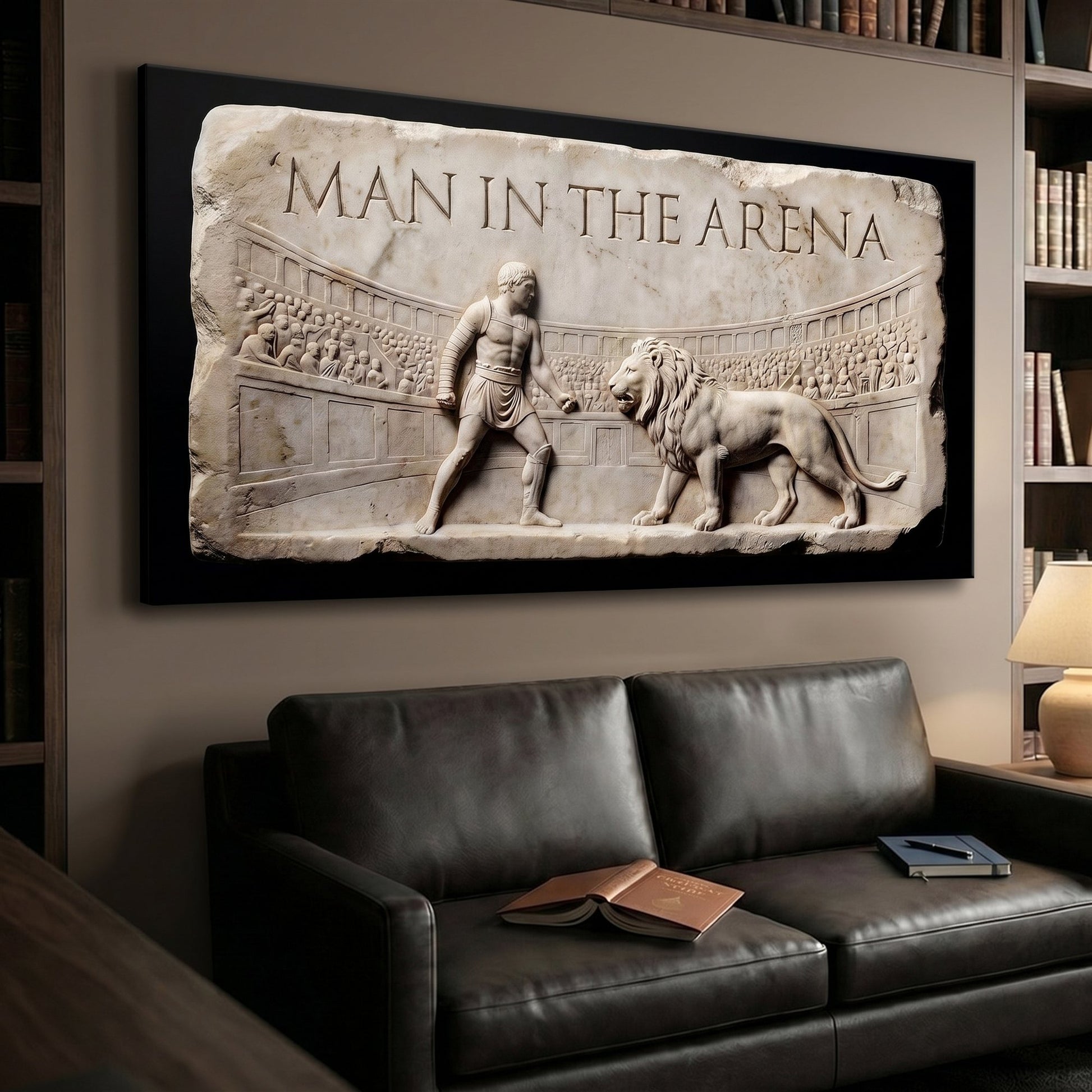 Man In The Arena marble relief canvas above a leather sofa in a den