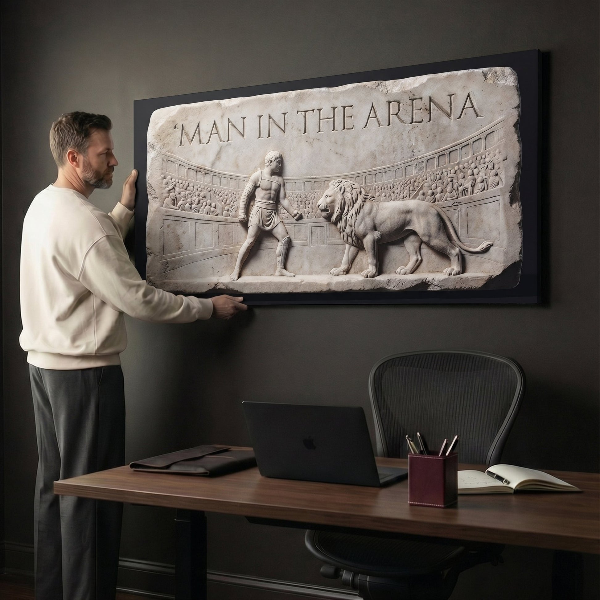 Man In The Arena gladiator and lion marble relief wall art in a home office