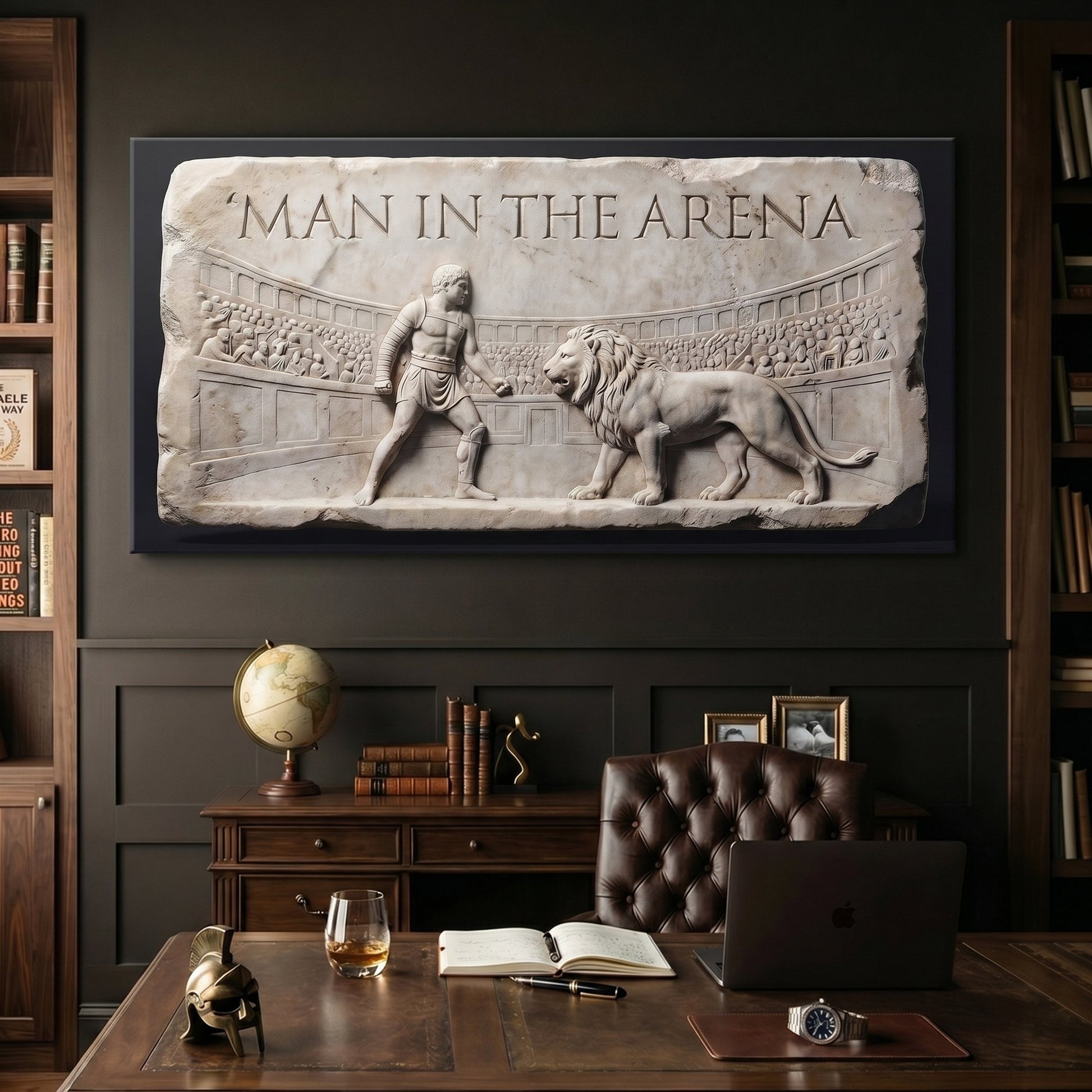 Man In The Arena marble relief canvas on a dark study wall above a walnut desk