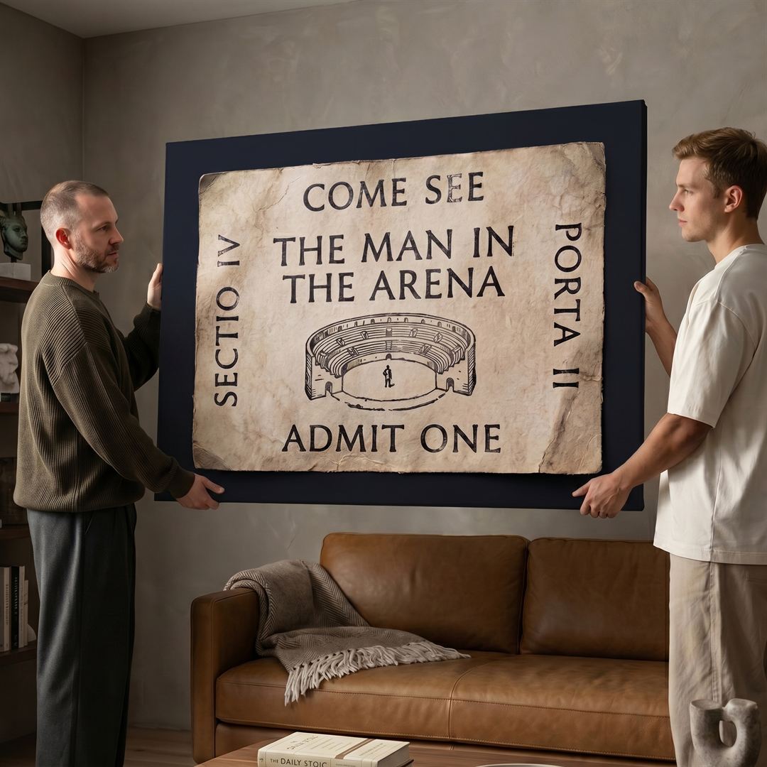 Two men hanging the Come See The Man In The Arena ticket canvas in a modern lounge