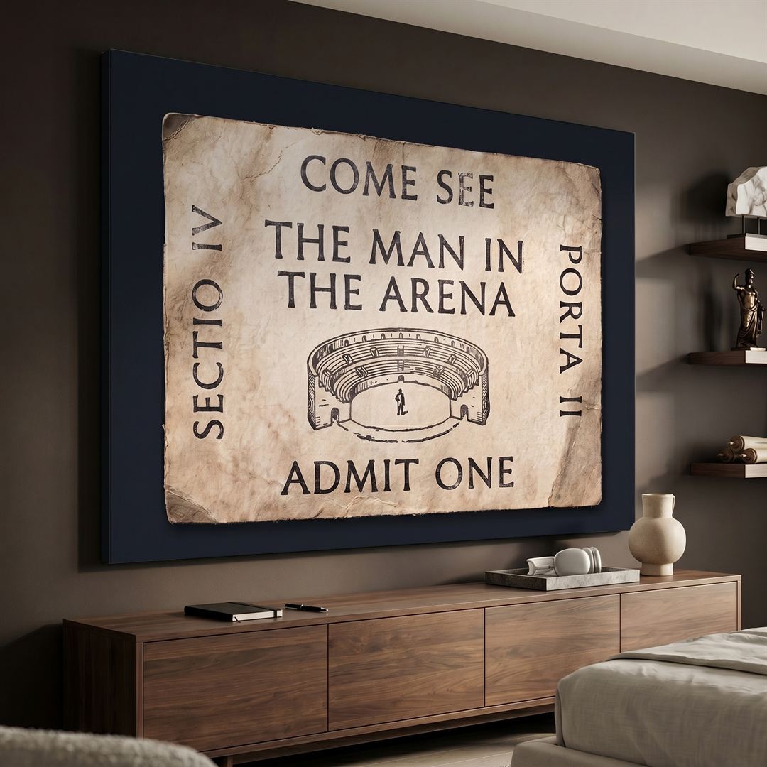 Come See The Man In The Arena ticket canvas above a walnut credenza in a modern room