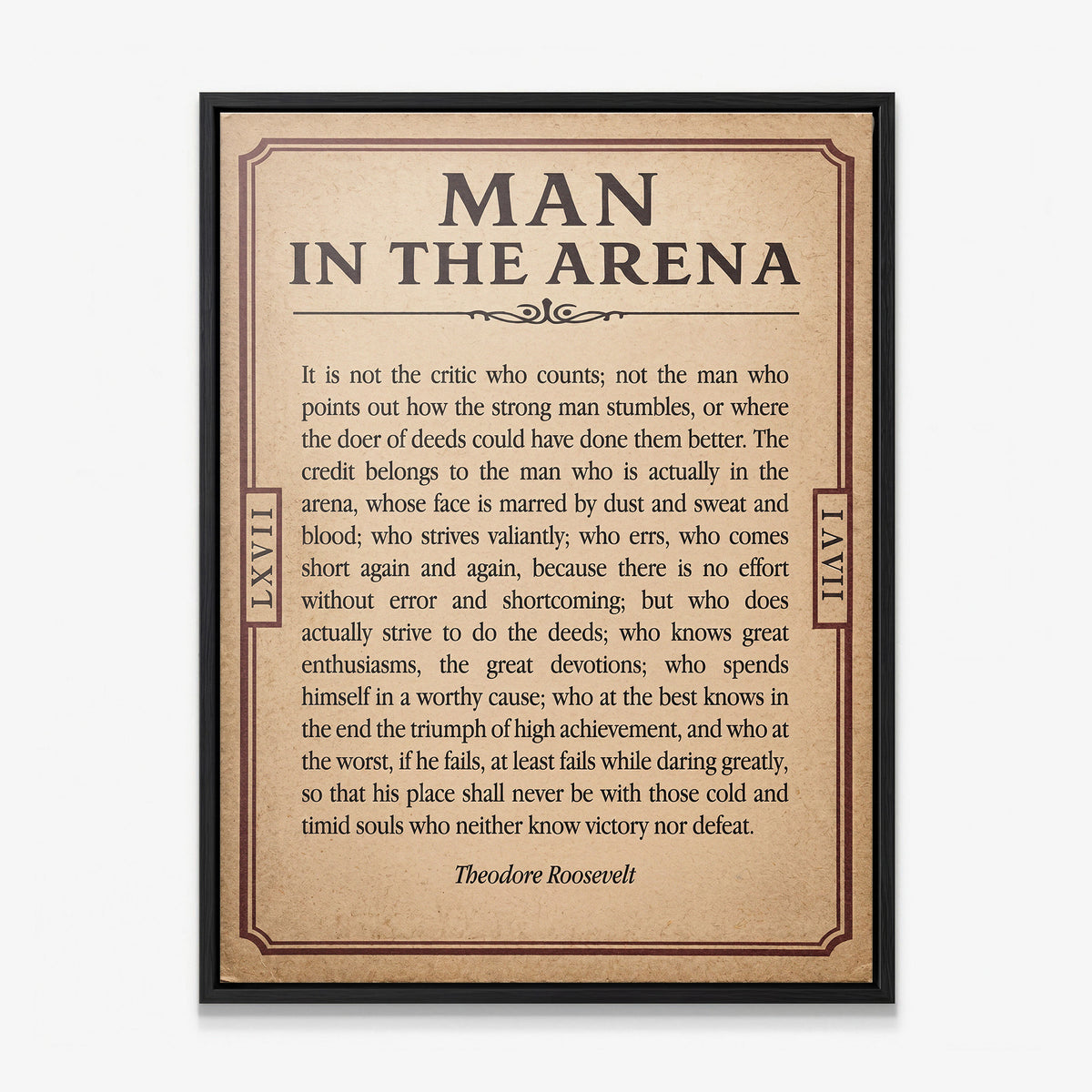 Man In The Arena Note Roosevelt quote canvas in a black floating frame