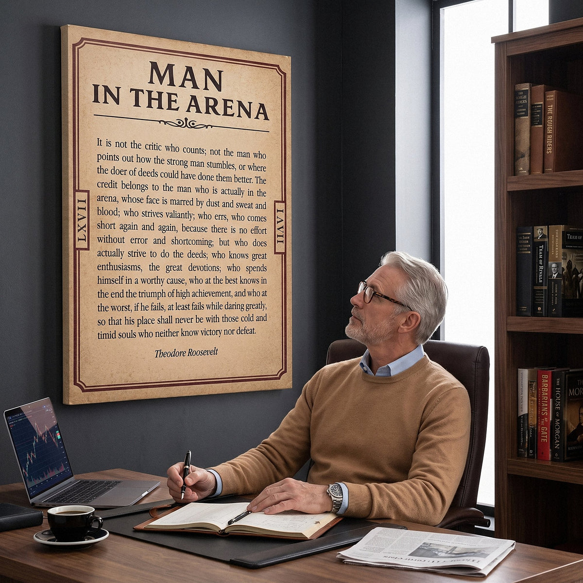 Man at a walnut desk looking up at the Man In The Arena Note Roosevelt quote canvas in his study