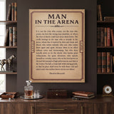 Man In The Arena Note Roosevelt quote canvas above a dark walnut credenza in an old-money study