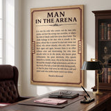 Man In The Arena Note Roosevelt quote canvas in an executive office with a walnut desk and brass lamp