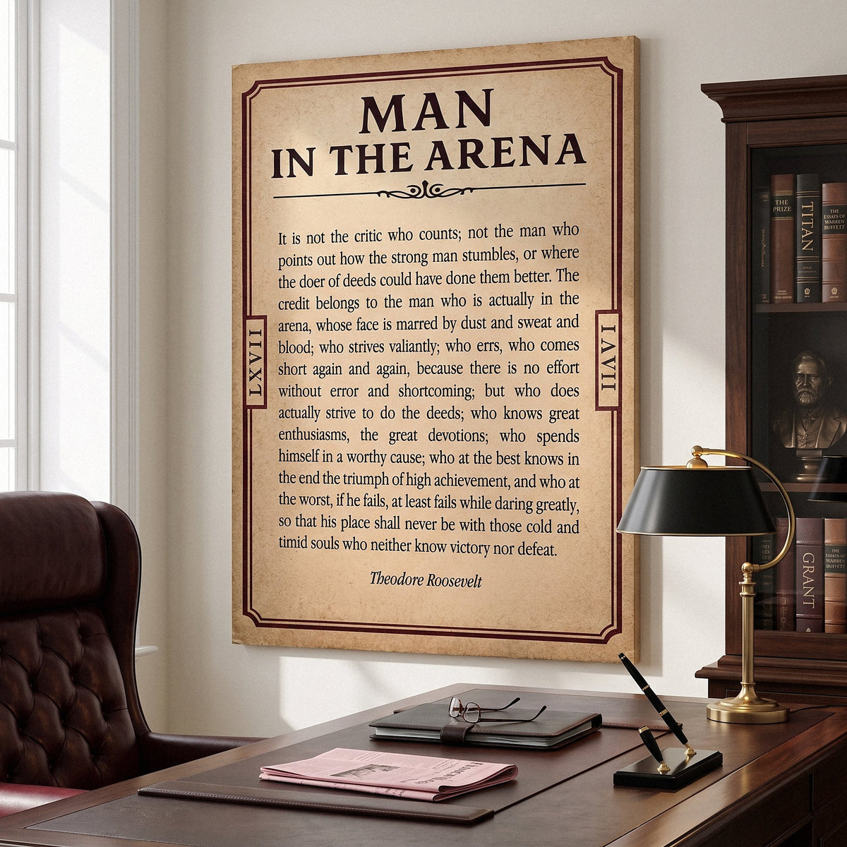 Man In The Arena Note Roosevelt quote canvas in an executive office with a walnut desk and brass lamp