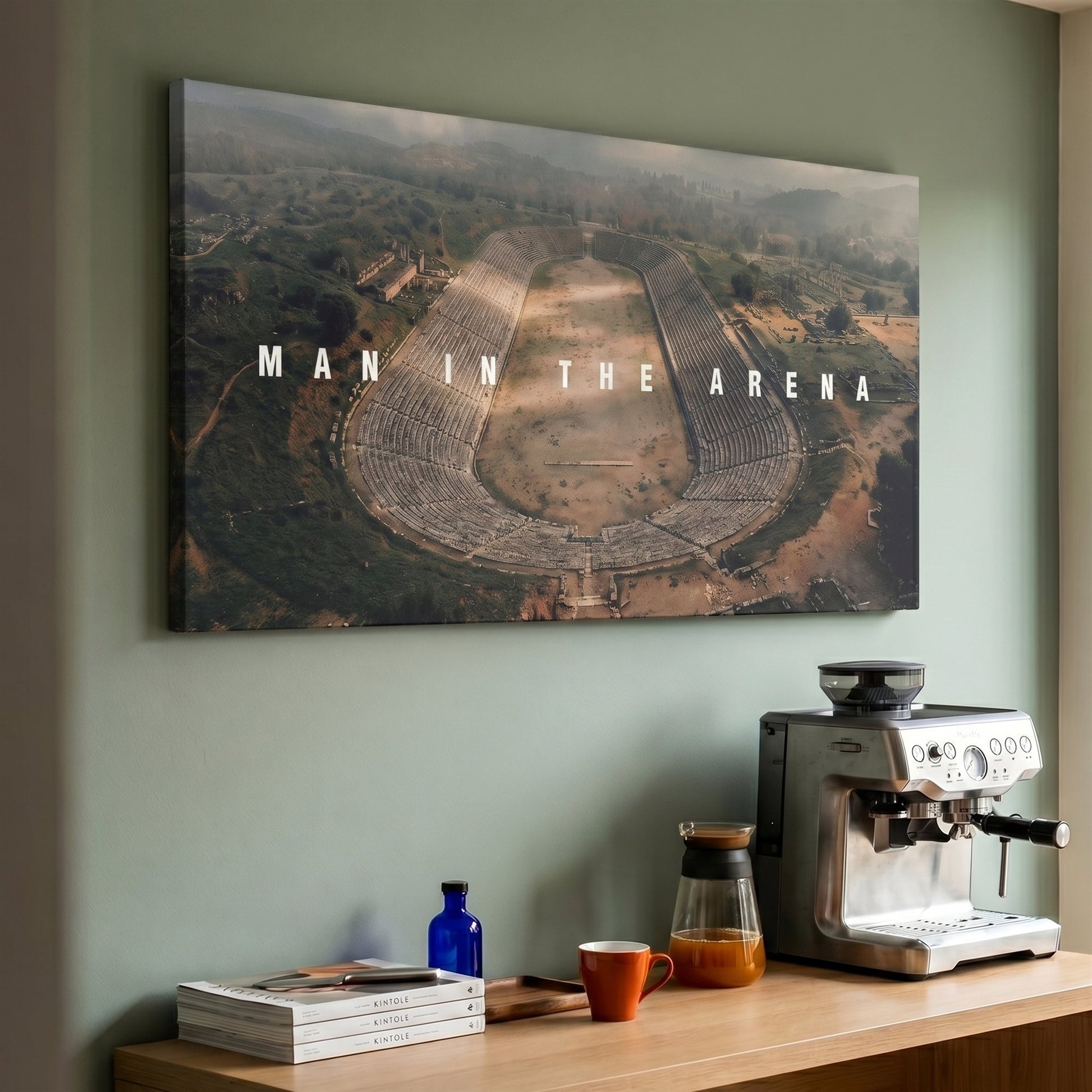 Man In The Arena ancient Greek stadium canvas on a sage living room wall