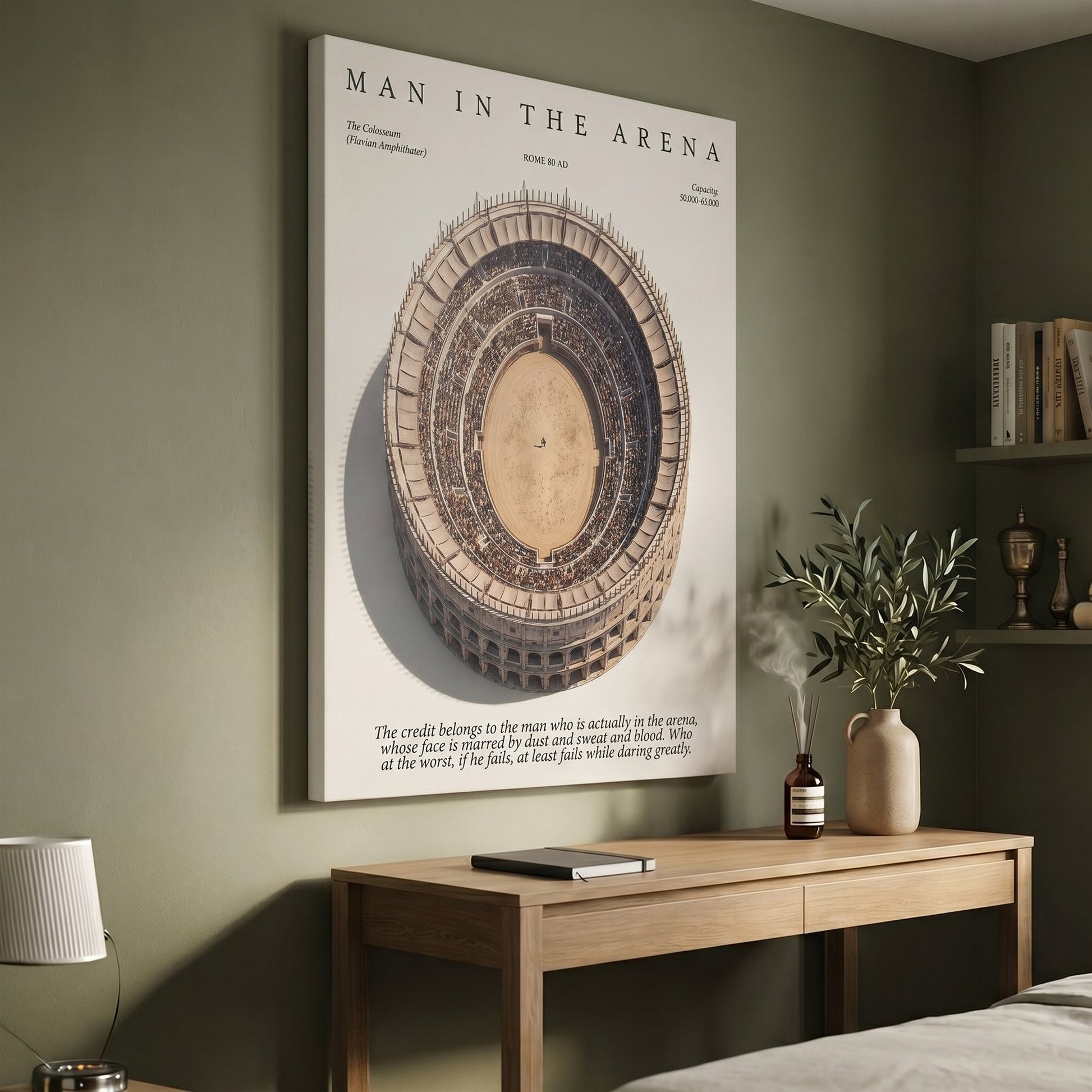 Man In The Arena Colosseum aerial canvas above a console in an olive bedroom