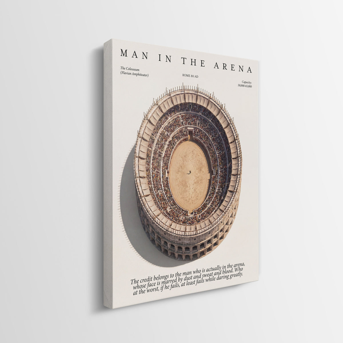 Man In The Arena Colosseum aerial canvas side profile showing the gallery-wrapped edge