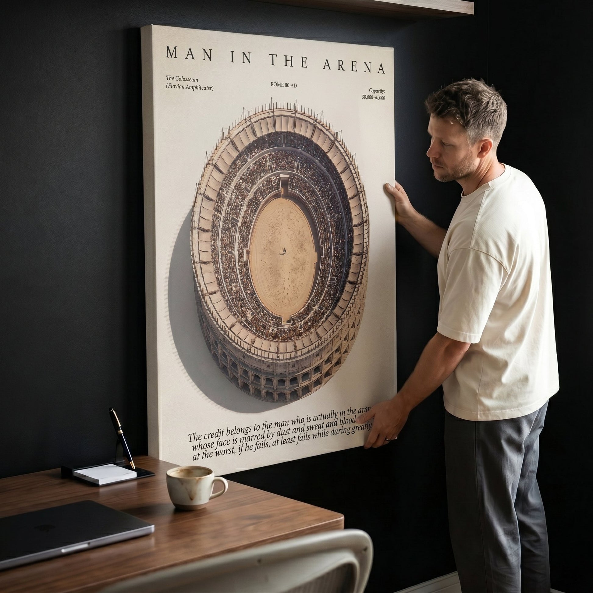 Man In The Arena Roman Colosseum canvas with a man in a home office
