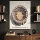 Man In The Arena Colosseum aerial canvas in a dark study above a credenza