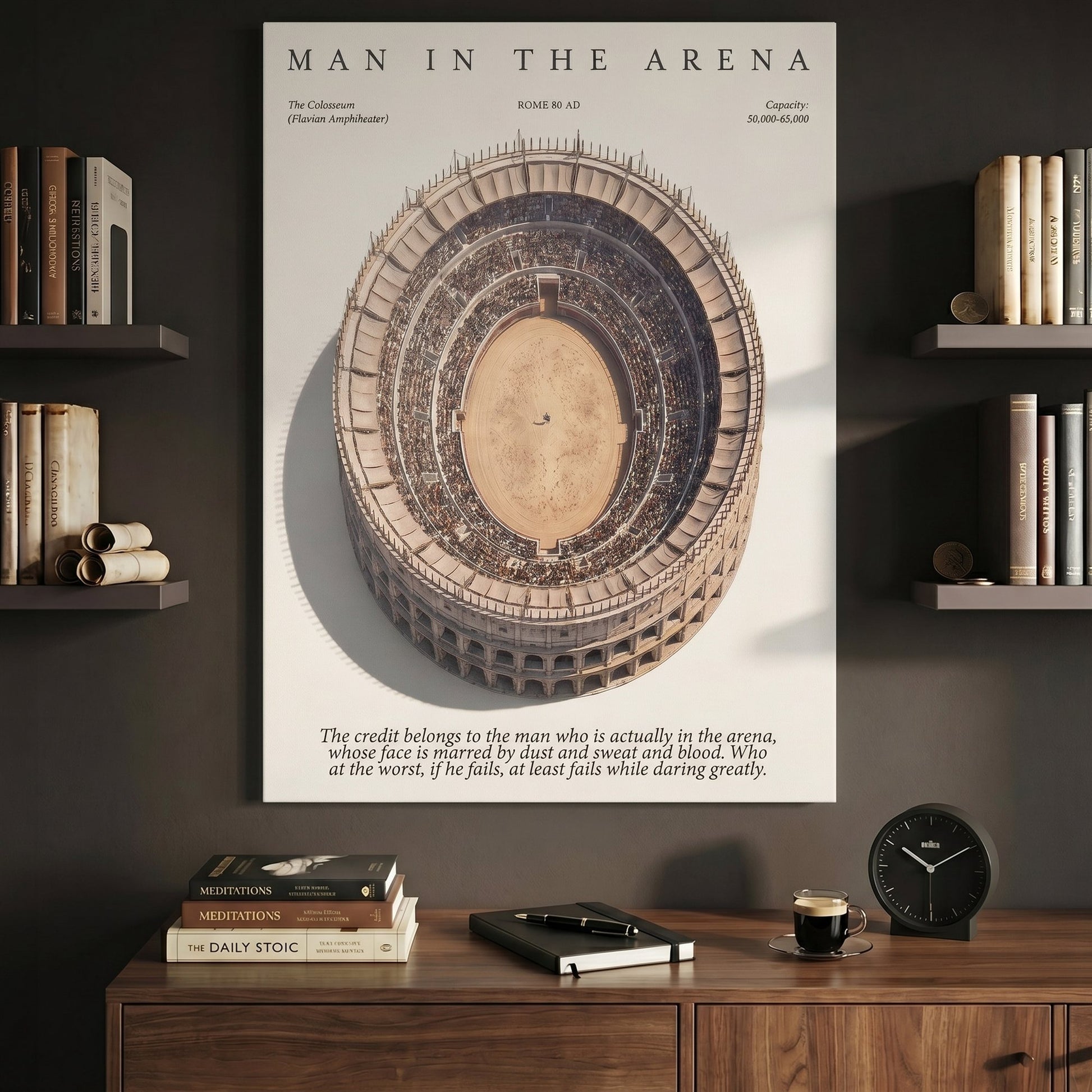 Man In The Arena Colosseum aerial canvas in a dark study above a credenza