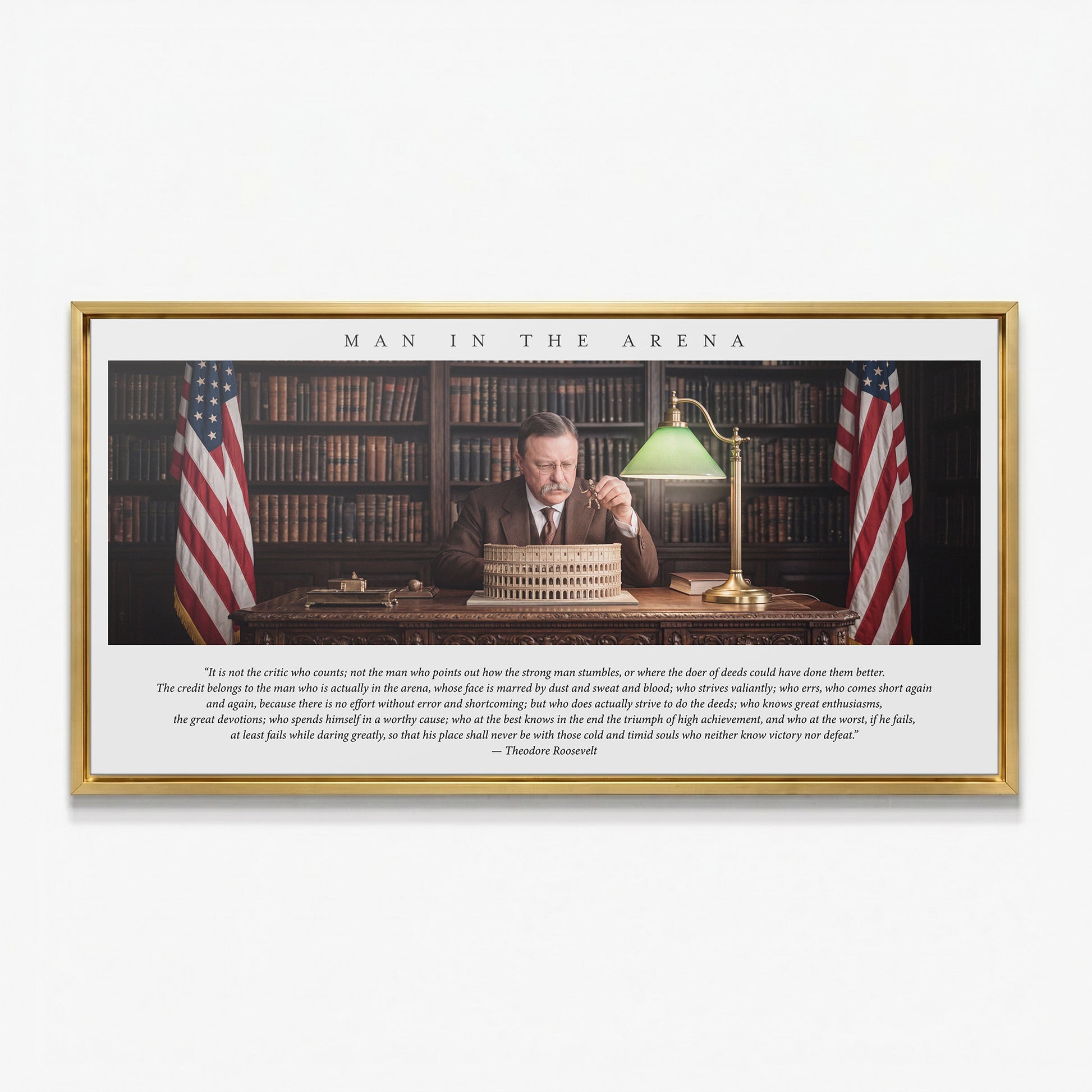 Man In The Arena Roosevelt quote canvas in a gold floating frame