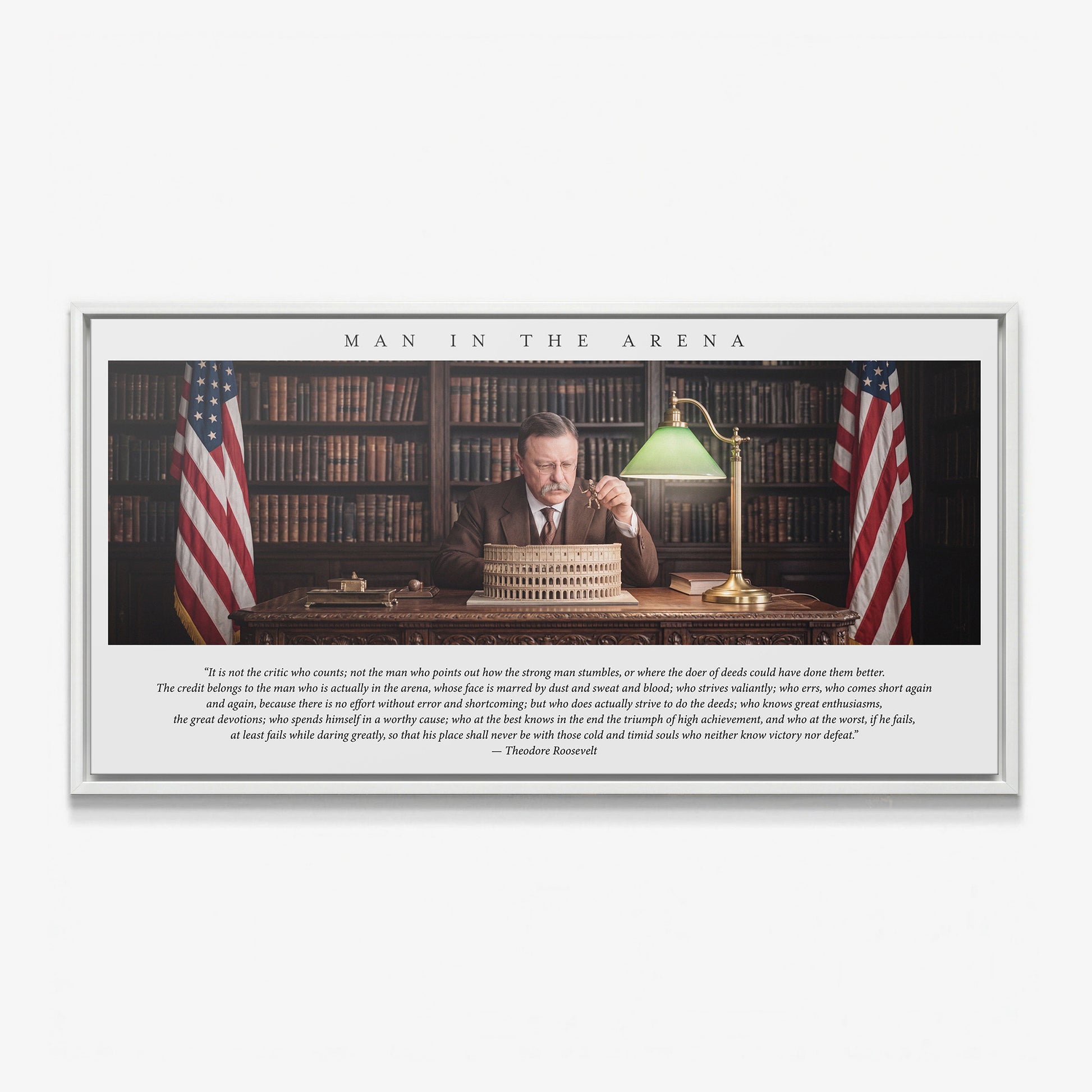 Man In The Arena Roosevelt quote canvas in a white floating frame