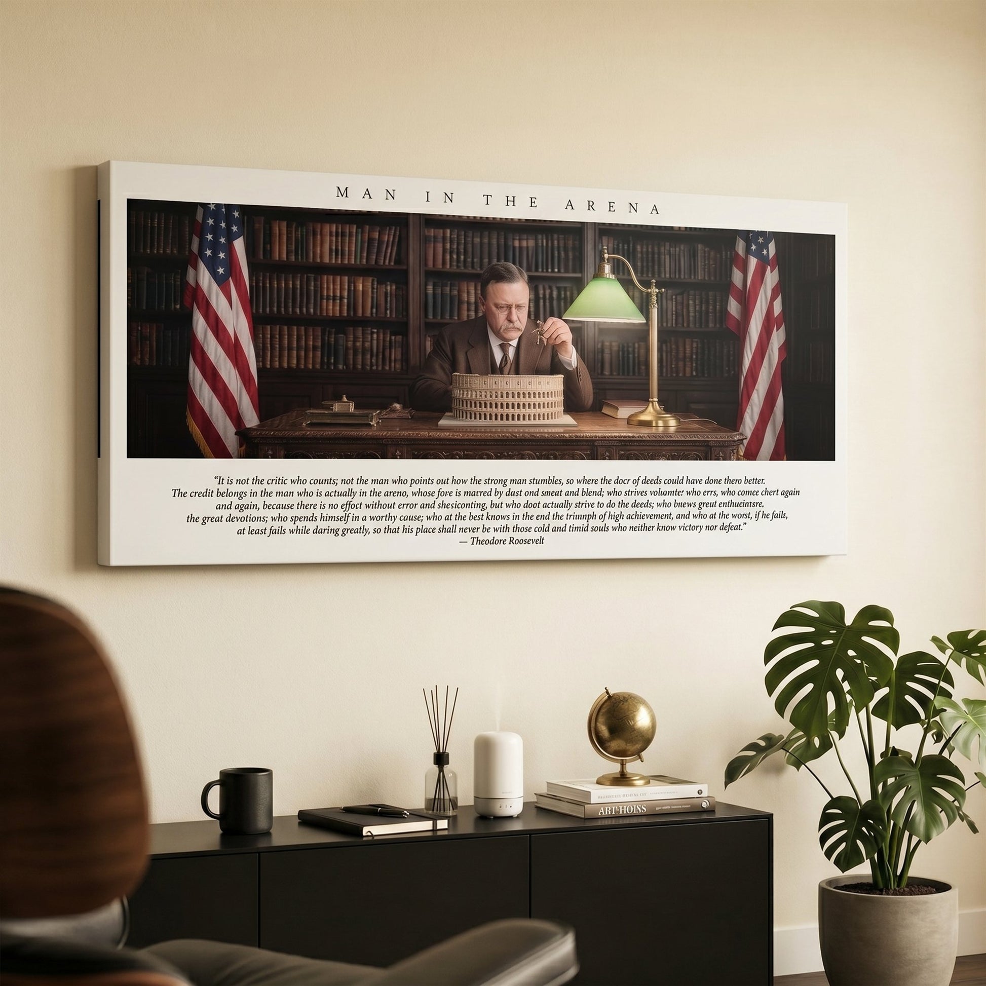 Man In The Arena Roosevelt quote canvas on a cream living room wall