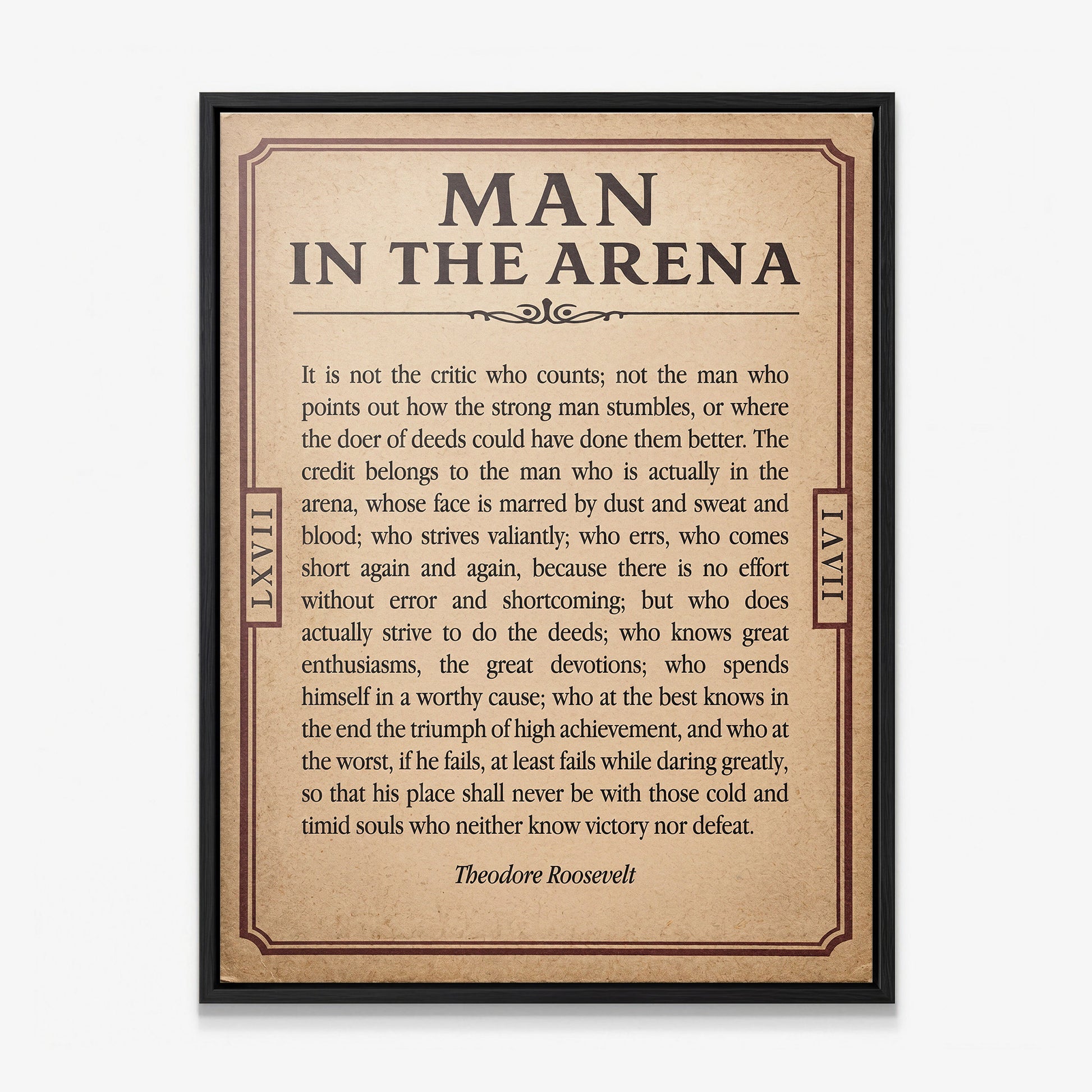 Man In The Arena Roosevelt quote ticket canvas in a black floating frame