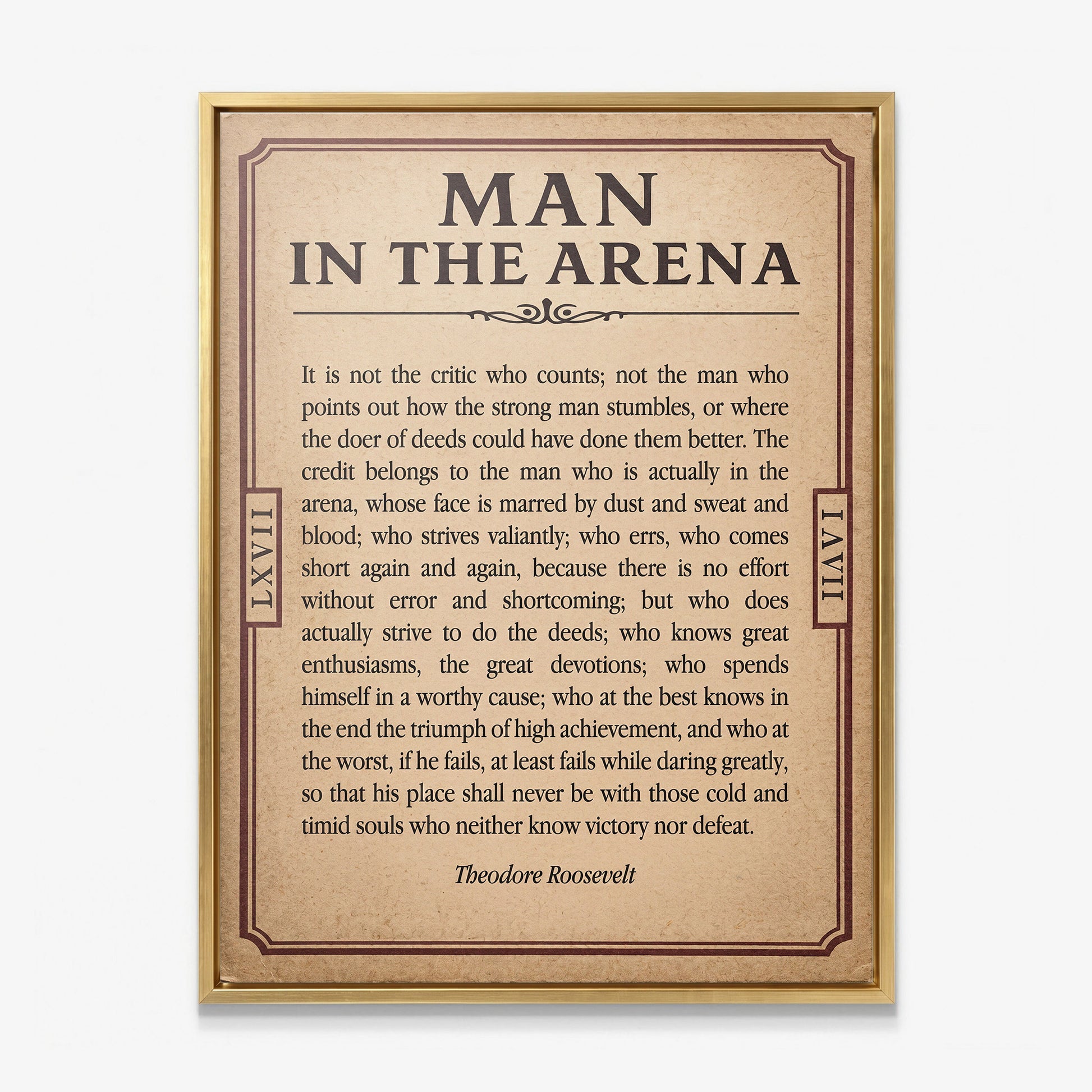 Man In The Arena Roosevelt quote ticket canvas in a gold floating frame