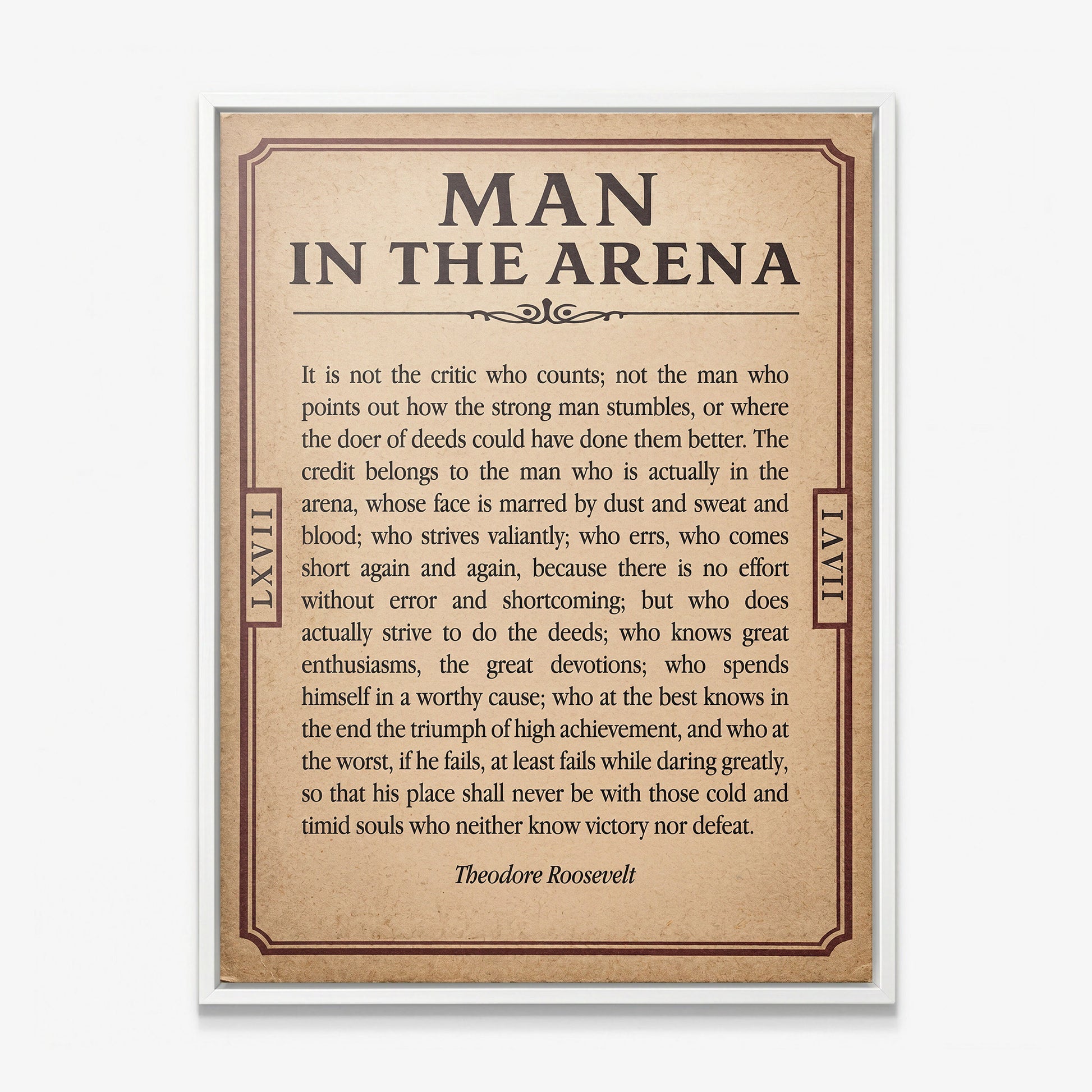 Man In The Arena Roosevelt quote ticket canvas in a white floating frame