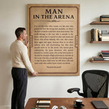 Man In The Arena Roosevelt quote ticket wall art with a man in a home office