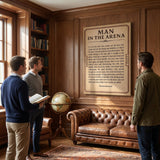Three men viewing the Man In The Arena Roosevelt quote ticket canvas in a library