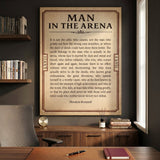 Man In The Arena Theodore Roosevelt quote ticket canvas in a dark home office