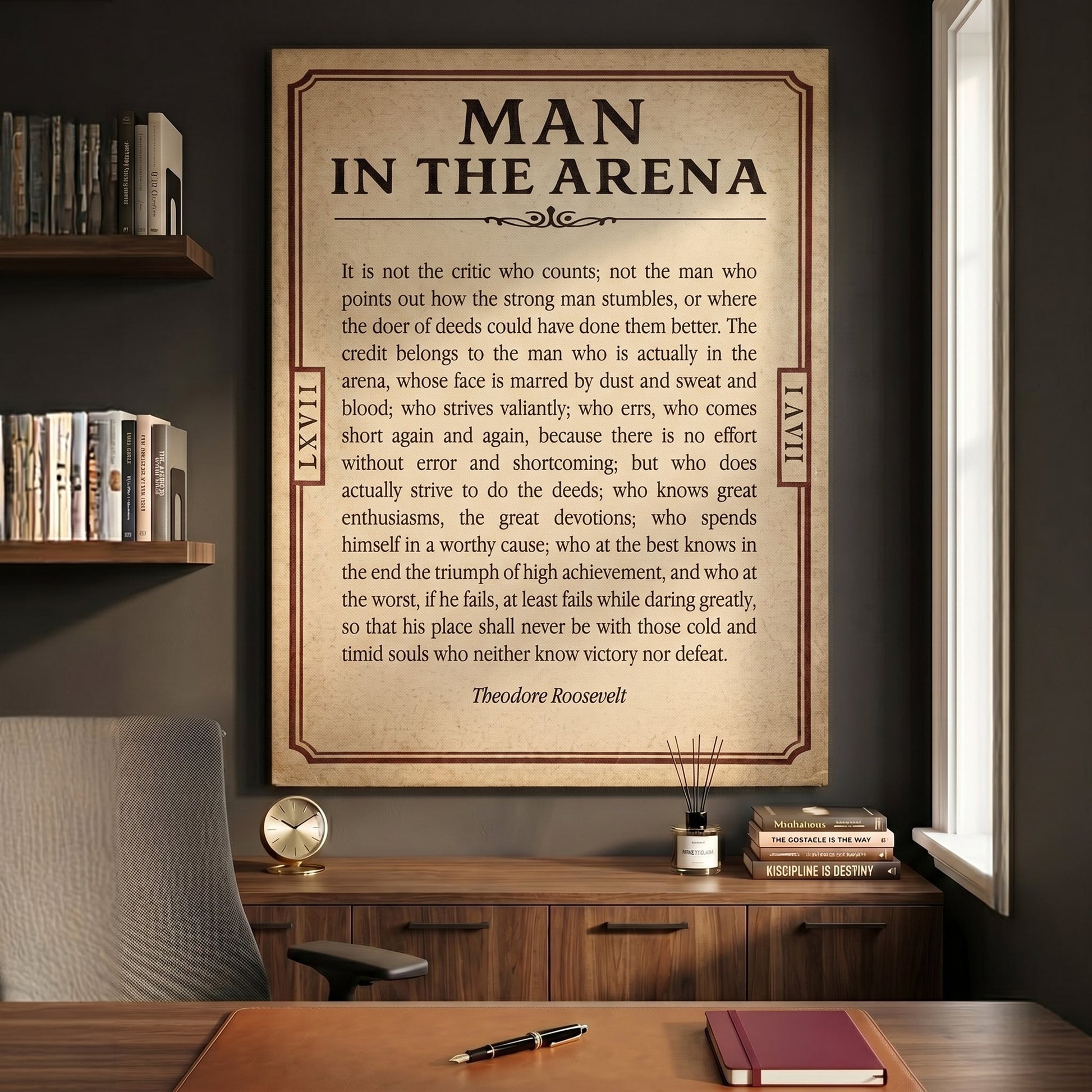 Man In The Arena Theodore Roosevelt quote ticket canvas in a dark home office