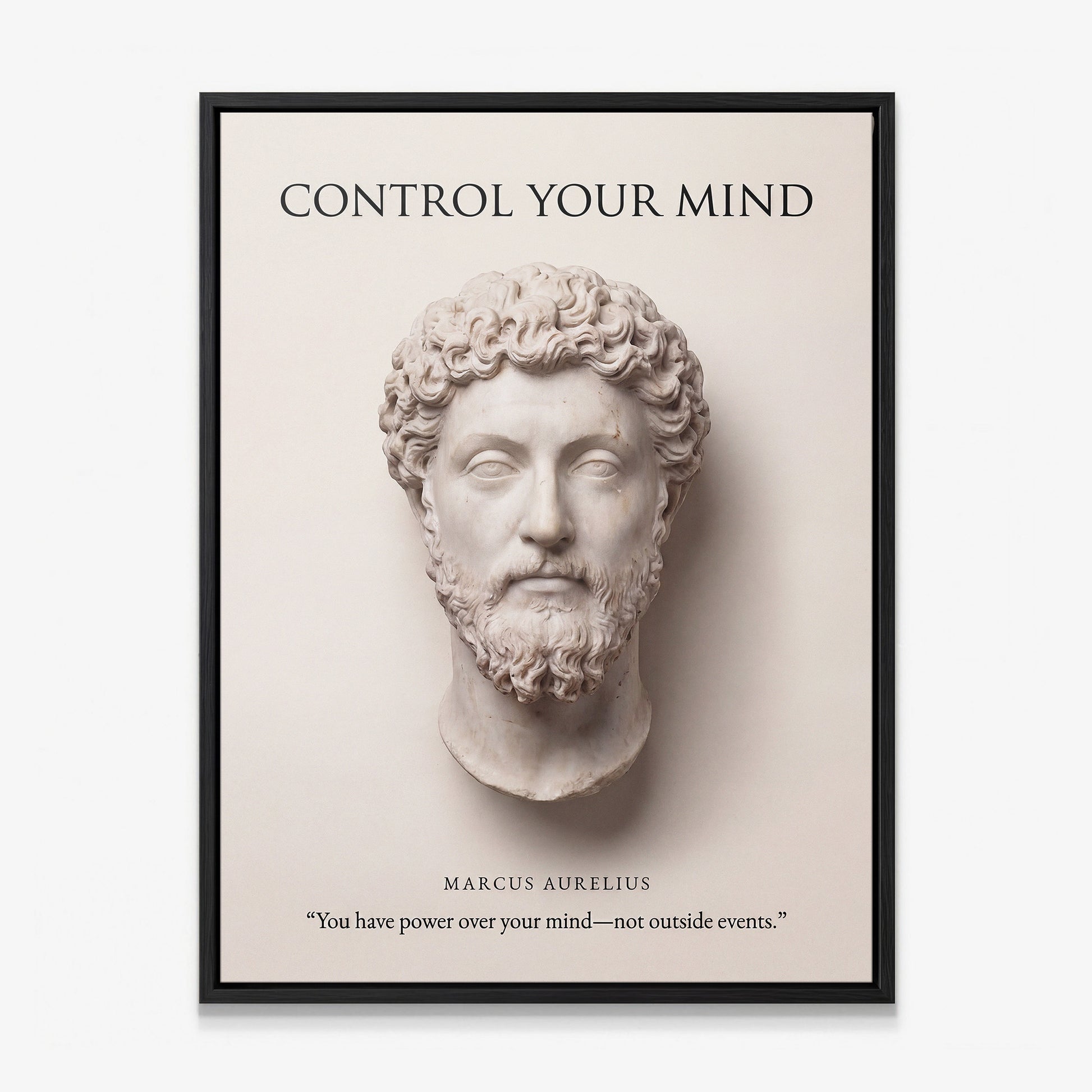 Marcus Aurelius Control Your Mind Stoic canvas wall art in a black floating frame