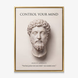 Marcus Aurelius Control Your Mind Stoic canvas wall art in a gold floating frame