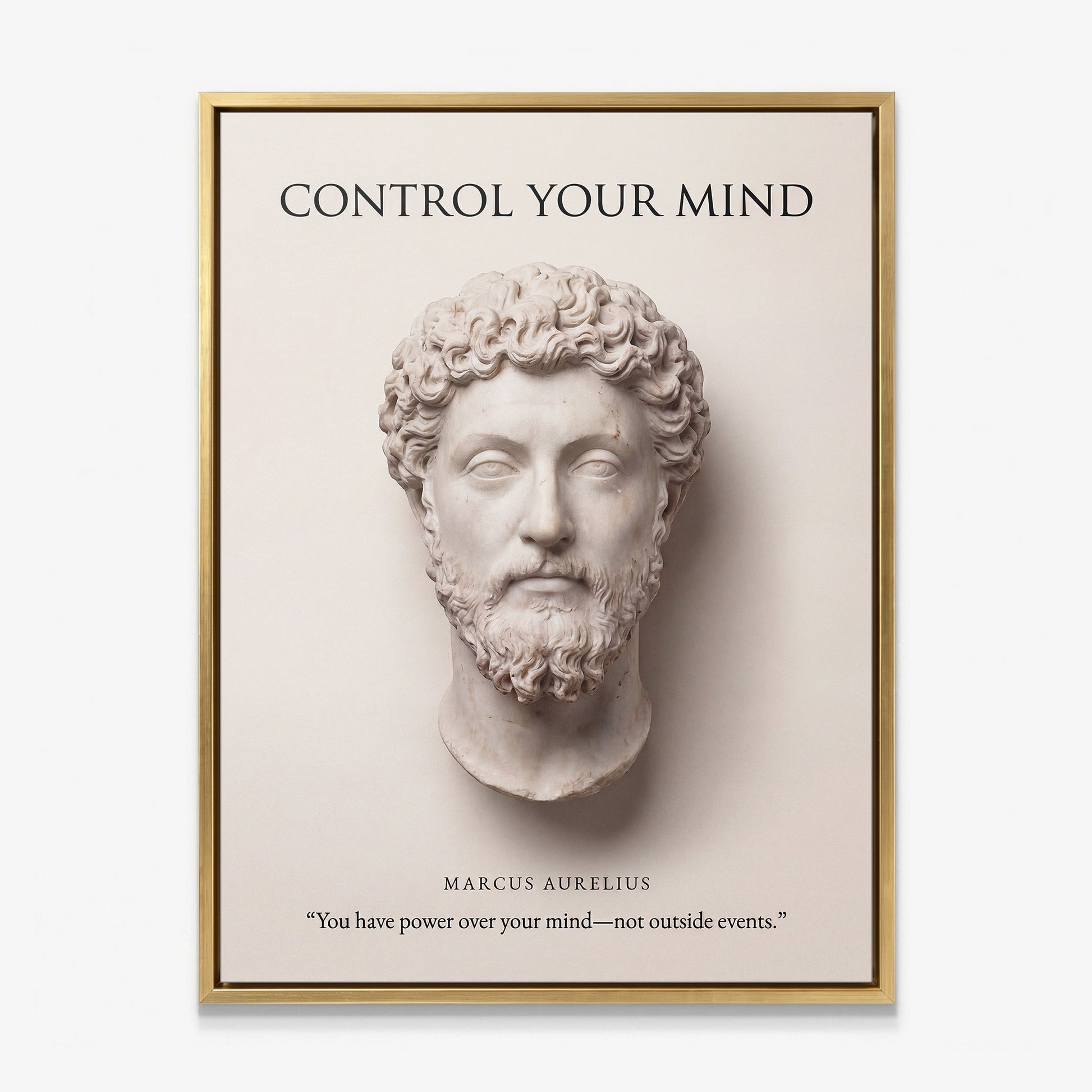 Marcus Aurelius Control Your Mind Stoic canvas wall art in a gold floating frame
