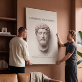Two men hanging Marcus Aurelius Control Your Mind Stoic canvas wall art in a lounge