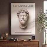 Marcus Aurelius Control Your Mind Stoic quote canvas wall art in a home office