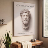 Marcus Aurelius Control Your Mind Stoic canvas wall art in a living room