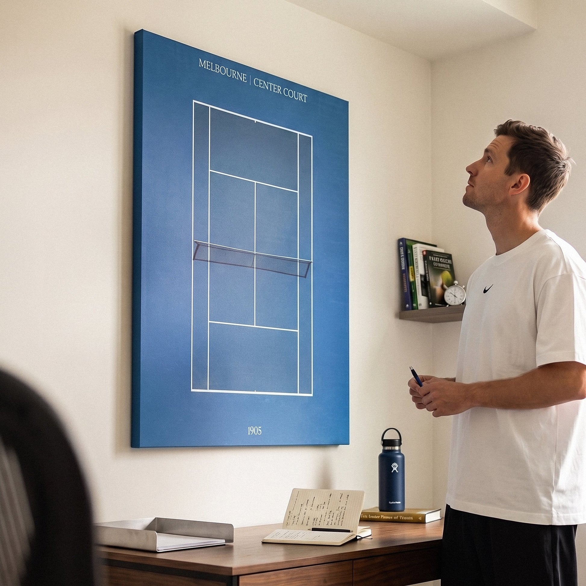 Melbourne Center Court tennis canvas above a home office desk