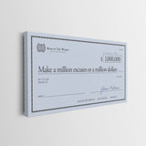 Side profile of the Million Excuses Dollar Edition gallery-wrapped check canvas showing its depth