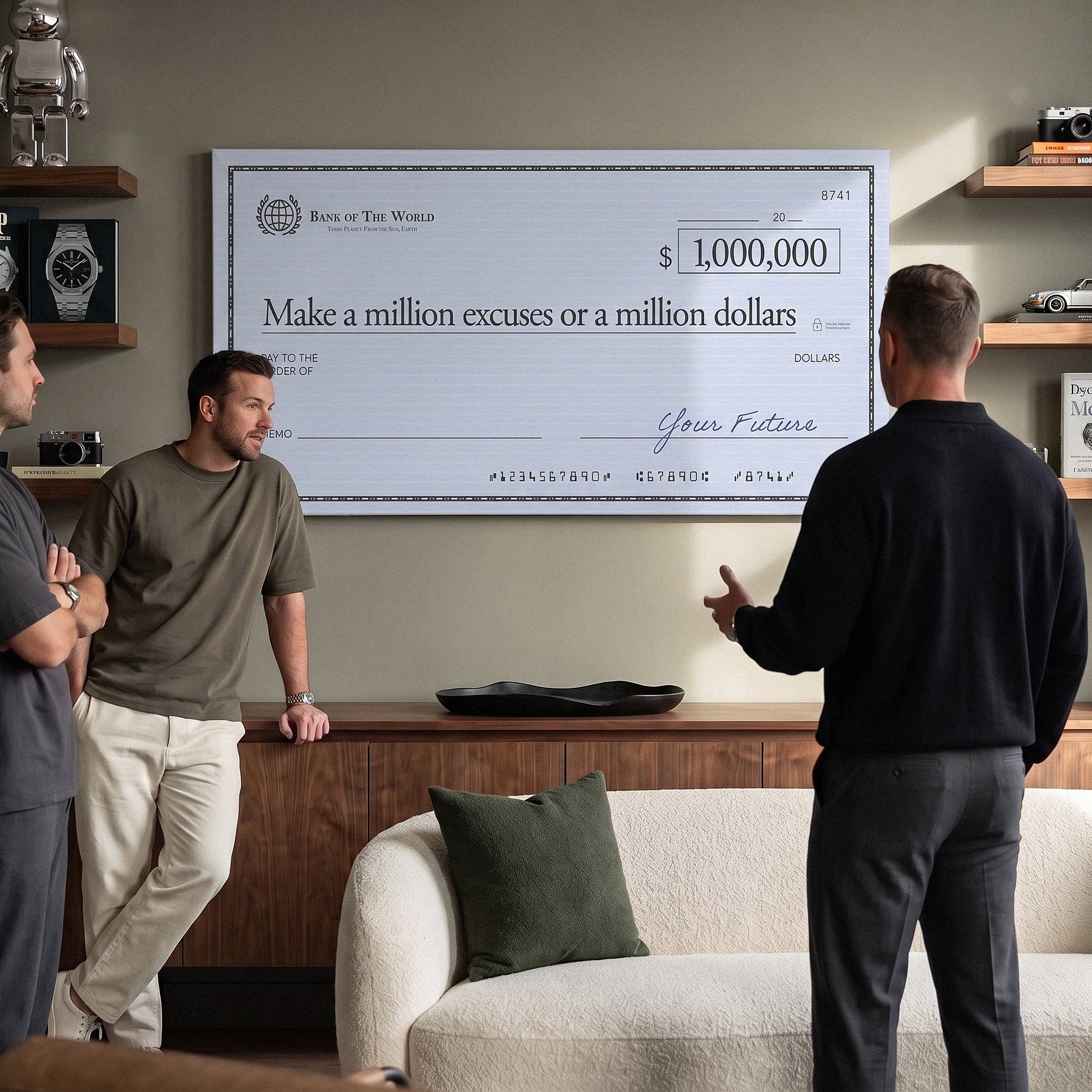 Three men viewing the Million Excuses Dollar Edition check canvas in a sage green living room