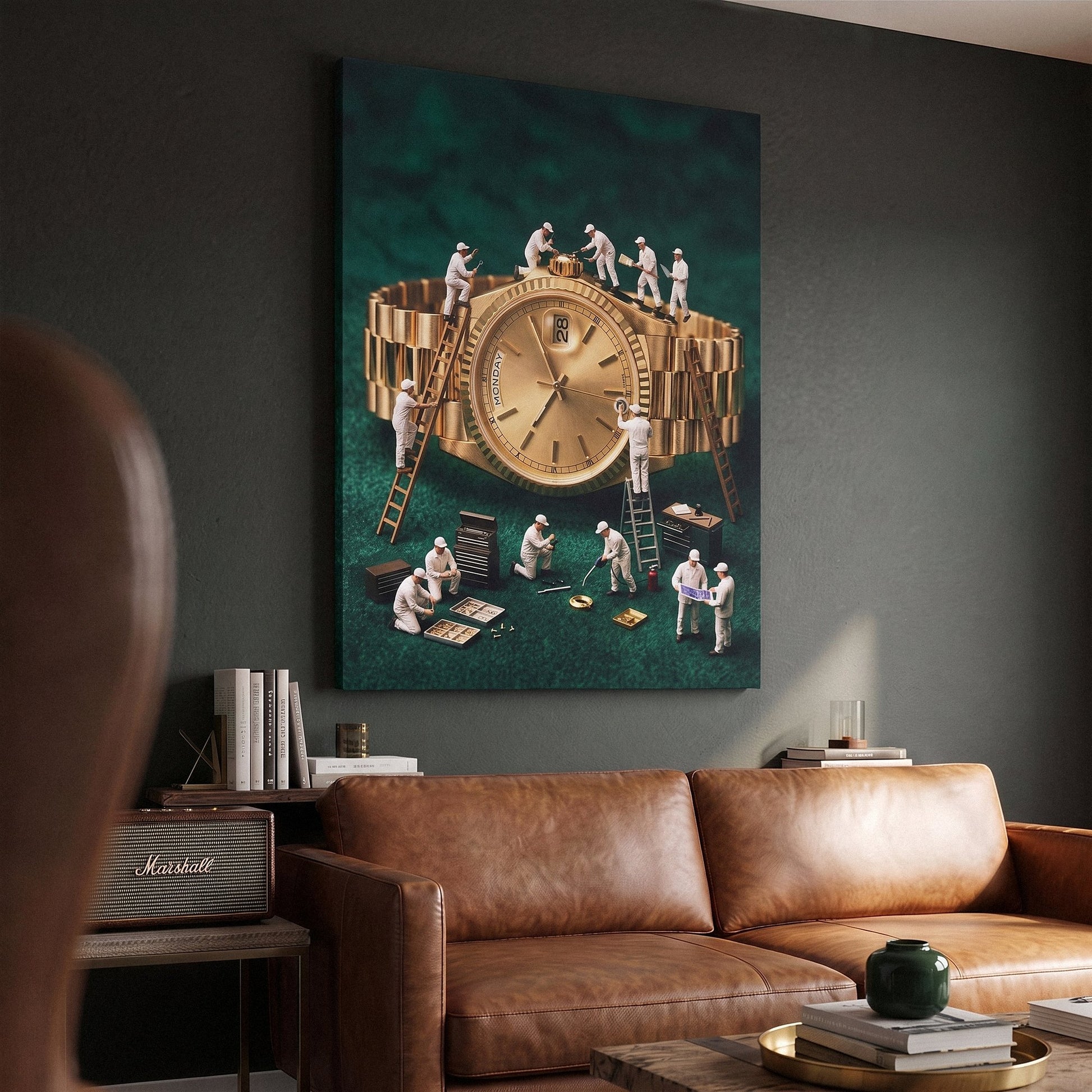 Mining For Gold gold watch canvas above a leather sofa in a lounge