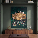 Mining For Gold gold watch canvas in a green study above a walnut credenza