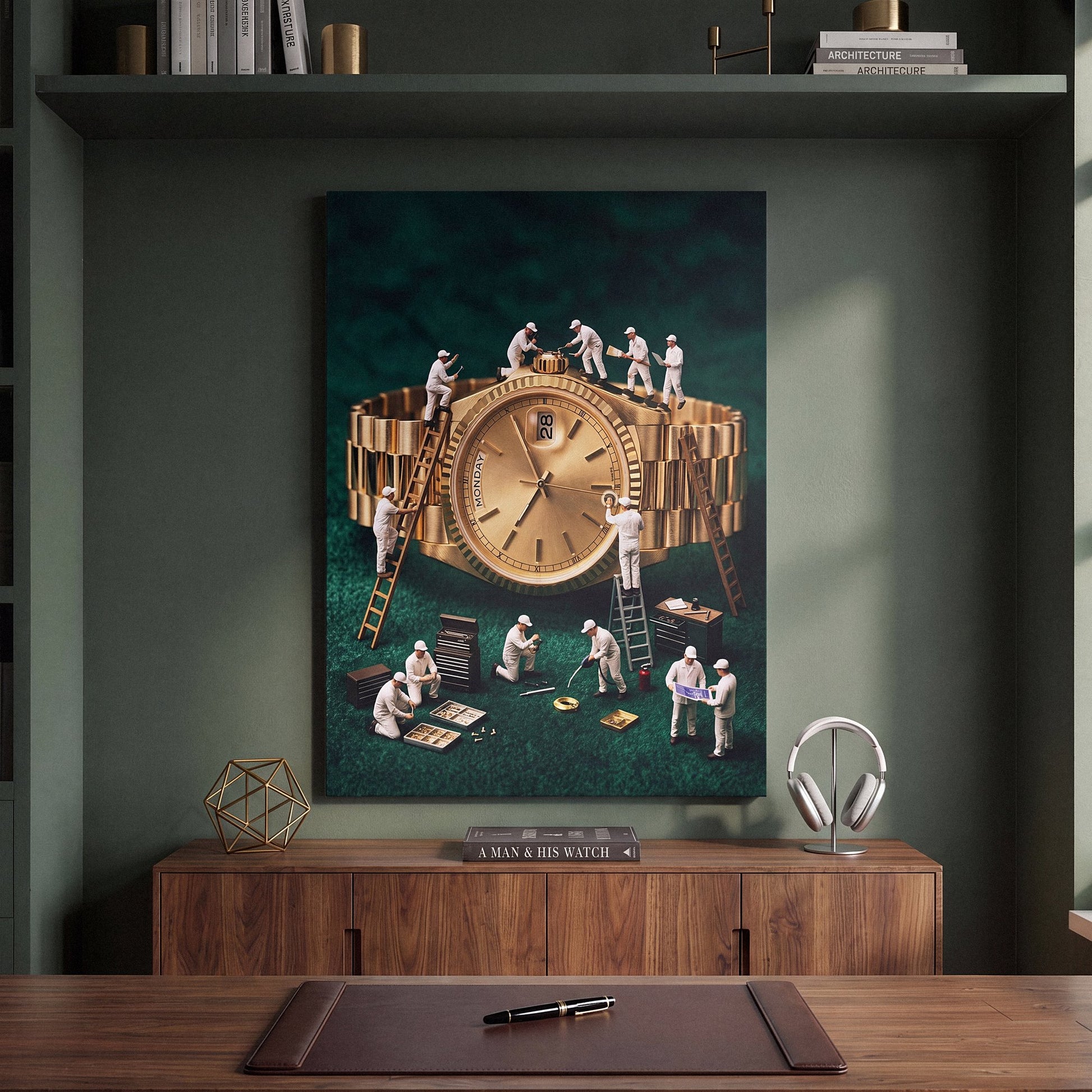 Mining For Gold gold watch canvas in a green study above a walnut credenza