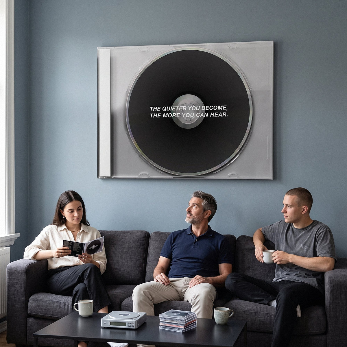 Couple relaxing in a lounge under the More You Can Hear black CD canvas