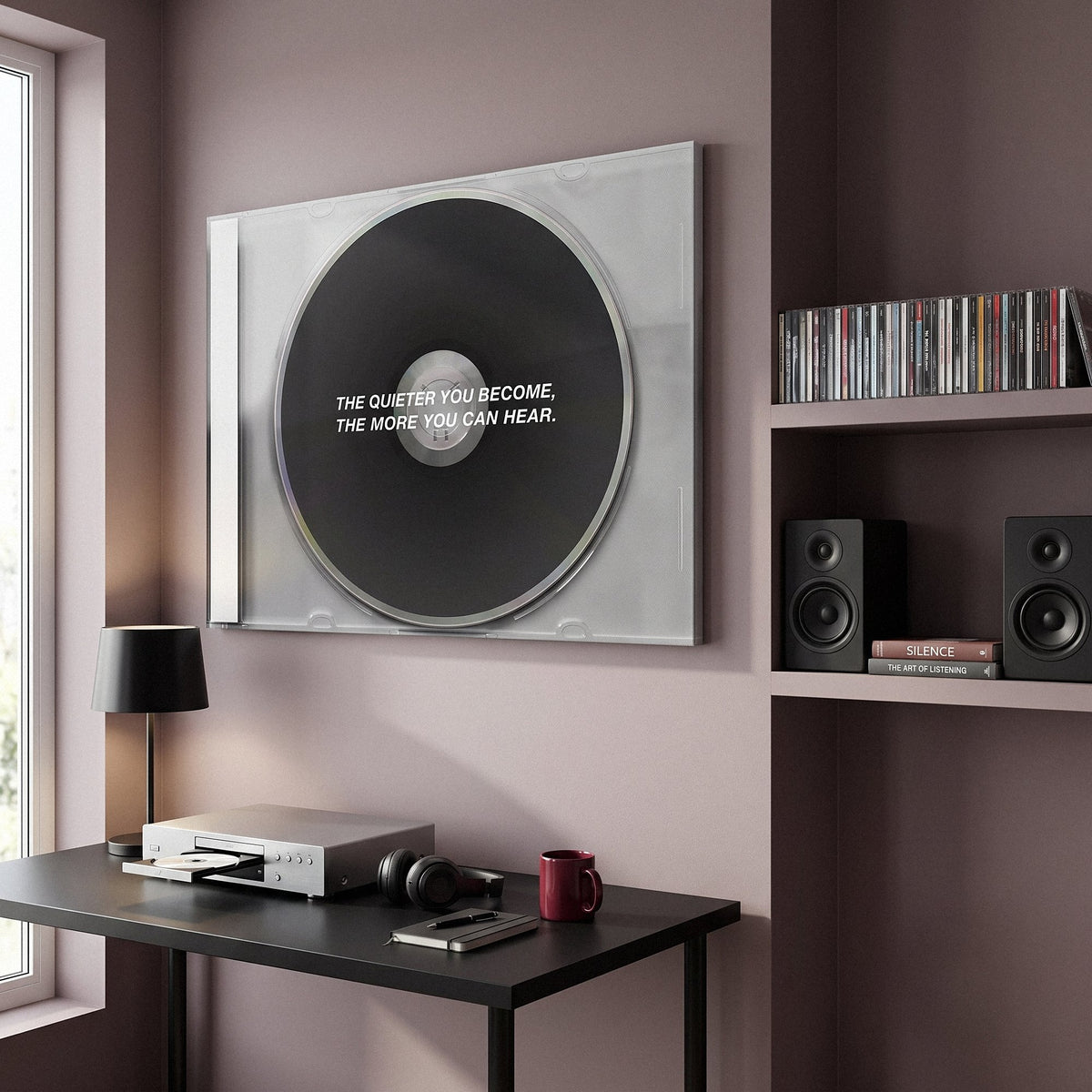 More You Can Hear black CD canvas above a record console in a living room