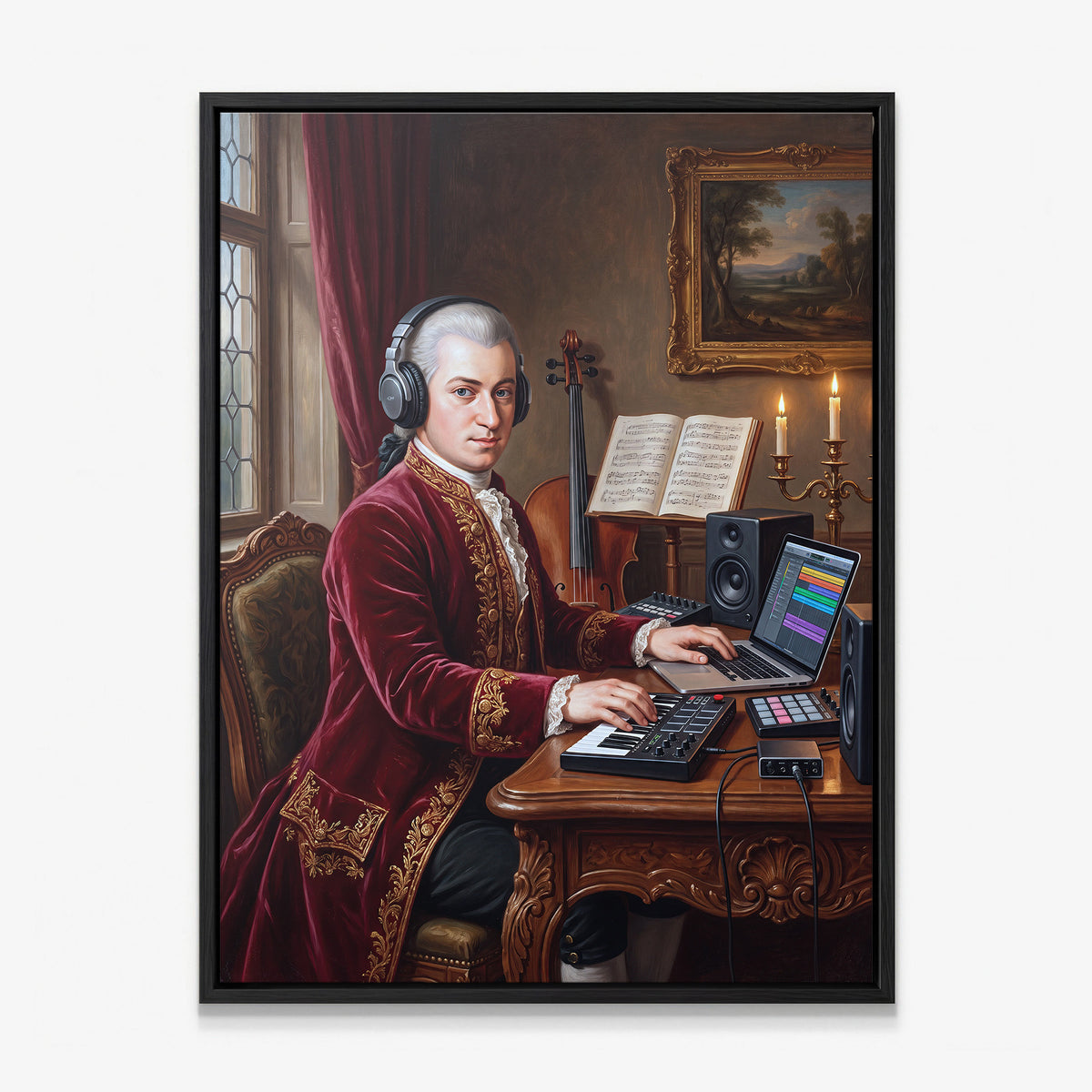 Mozart Remastered canvas in a black floating frame