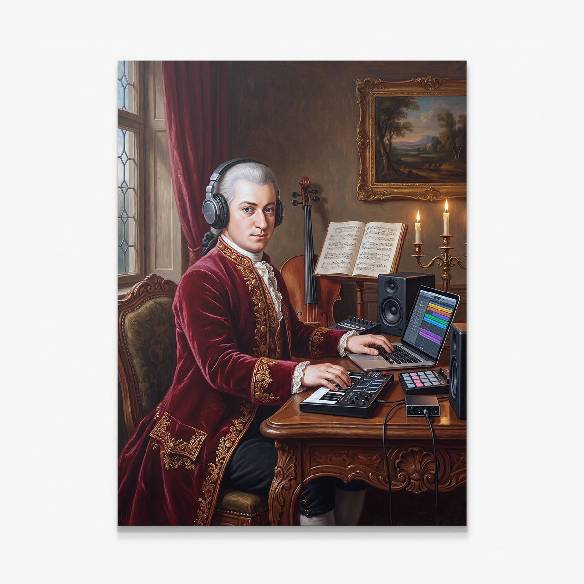 Mozart Remastered canvas wall art, an oil painting of Mozart in headphones at a laptop and keyboard with his cello behind him