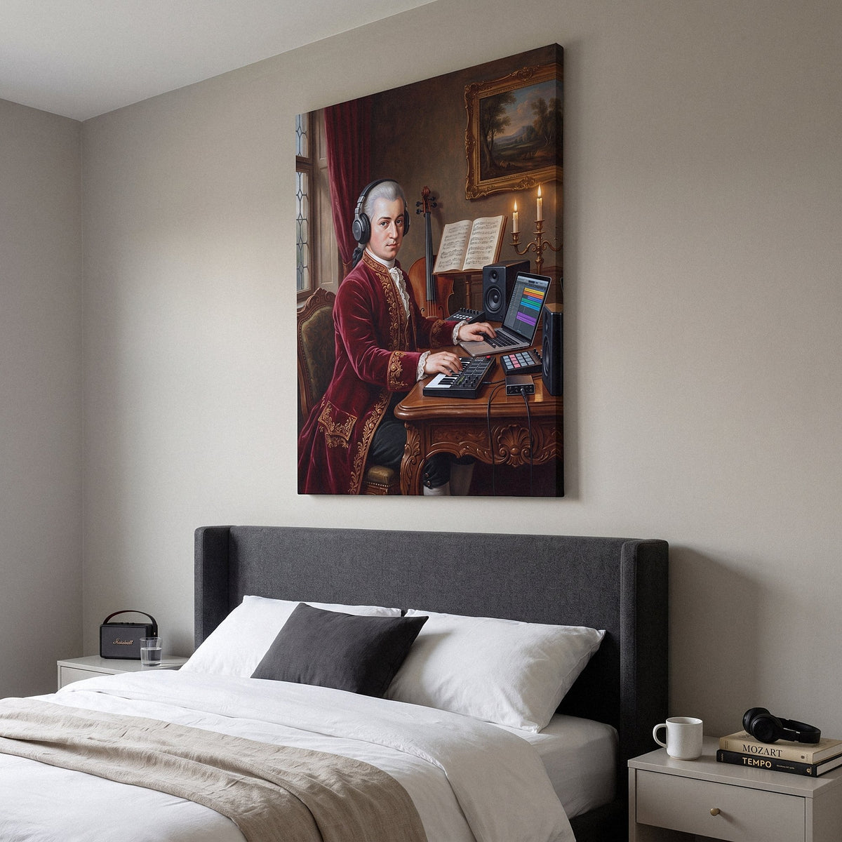 Mozart Remastered portrait canvas on a plain painted wall
