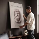 Man hanging Musonius Rufus Live With Discipline Stoic canvas wall art in a bedroom
