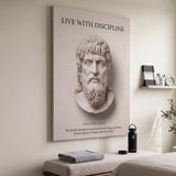 Musonius Rufus Live With Discipline Stoic canvas wall art above a bedroom bench