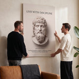 Two men hanging Musonius Rufus Live With Discipline Stoic canvas wall art in a living room