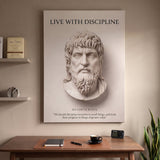 Musonius Rufus Live With Discipline Stoic quote canvas wall art in a modern home office